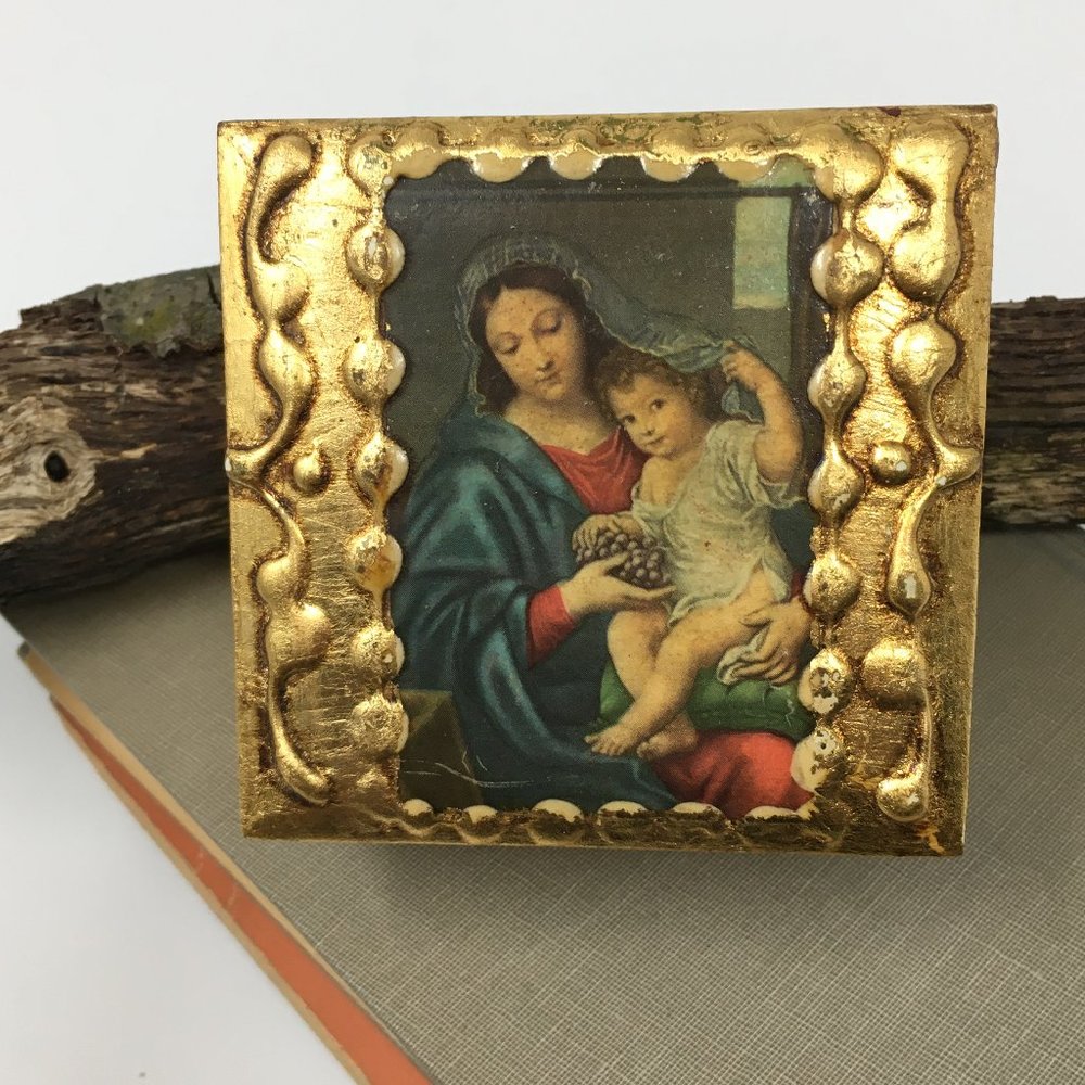 Vintage Italian Gilt The Virgin of the Grapes Wooden Hinged Jewelry Box